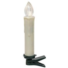 a white candle with a light on top of it