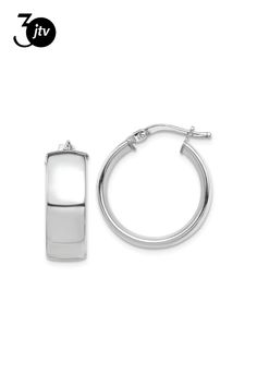 Rhodium over 14k white gold high polished hoop earrings. Measure approximately 13/16"L x 1/4"W and have saddleback backings. Hoop Earrings, White Gold, Gold, White