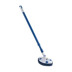 a blue and white floor sweeper on a white background