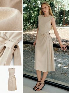 Albaricoque Elegante Collar sin mangas Tela tricotada Liso A línea Embellished No-Elástico Beige Linen A-line Dress For Summer, Pleated A-line Linen Dress, Spring Beige A-line Linen Dress, Elegant Beige Linen V-neck Dress, Beige Cotton A-line Sleeveless Dress, Plisse Dress, Split Hem Dress, Sleeveless Dress Summer