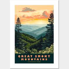 the great smoky mountains national park poster is shown in front of a mountain range at sunset