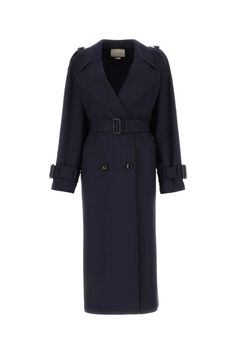 100% Wool Gucci Single Breasted Navy Coat, Luxury Navy Peacoat With Notch Lapel, Luxury Blue Peacoat With Pockets, Luxury Navy Classic Outerwear, Luxury Functional Navy Outerwear, Luxury Navy Peacoat With Lapel Collar, Luxury Blue Wool Coat For Women, Cheap Navy Long Sleeve Outerwear, Luxury Navy Outerwear For Spring