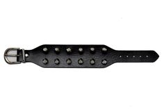 comfortable design. It measures 10 inches in length and 1.5 inches in width, made from soft black leather with adjustable metal buckle, adorned with 10 glossy black alloy metal studs that stick out 1 inch. Edgy Adjustable Wristband With Wrist Strap, Adjustable Edgy Wristband With Wrist Strap, Punk Black Bracelet With Silver Studs, Adjustable Black Punk Wristband, Black Leather Punk Bracelet With Silver Studs, Black Leather Punk Bracelet With Wrist Strap, Punk Black Bracelets With Spikes, Black Spiked Edgy Bracelets, Black Gothic Leather Bracelet With Studs