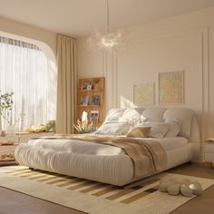 a large white bed sitting in a bedroom next to a window with curtains on it