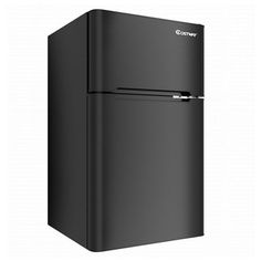 a black refrigerator freezer sitting on top of a white wall