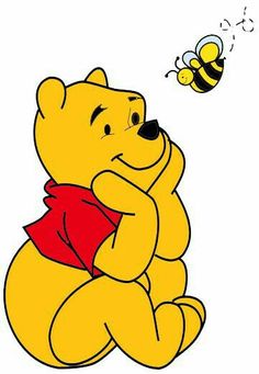 a winnie the pooh bear sitting with a honeybee flying by it's side