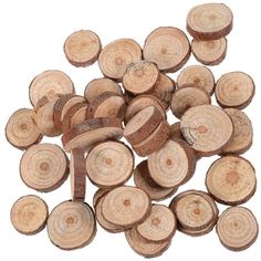 a pile of wood slices on a white background