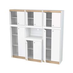 a white bookcase with three doors and two shelves on each side, one door open to the other