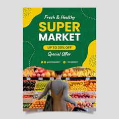 a woman standing in front of a fruit and vegetable market poster