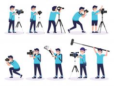 a man is taking pictures with his camera and video set up in different poses, including the