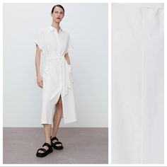 Nwt. Zara White Belted Shirt Midi Dress With Collar, Short Turn-Up Sleeves, Front Patch Pockets, Belt In The Same Fabric And Front Closure With Contrast Buttons. Size M. Ref. 2332/522. Pit To Pit 22" Flat, Sleeves 12" From Neckline, Waist 20", Length 50".1042 Casual White Midi Length Shirt Dress, White Button-up Maxi Dress For Summer, White Relaxed Fit Shirt Dress For Work, White Shirt Dress With Pockets For Work, White Shirt Dress With Pockets For Summer, White Midi Dress With Pockets, White Knee-length Midi Dress With Pockets, Fitted White Midi Dress With Pockets, Summer Office Cotton Shirt Dress