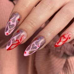 Valentine's pink and red heart flames glitter nail art by Abbi Nails #valentinesnails #valentines #pinknails #rednails #heartnails #glitternails #glitternails #flames #flamesnails #flamesnailart #flamenails #heartnailart #pinkandred #glitternailart #abbinails #cutenails Nail Design Glitter, Grunge Nails, Simple Acrylic Nails, Heart Nails, Glitter Nail Art, Fire Nails, Funky Nails, Dream Nails, Valentine's Day Nails