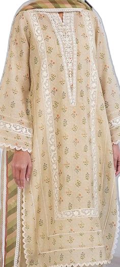 Elegant Beige Lawn Suit For Summer, White Lawn Suit With Printed Border For Festive Occasions, Semi-stitched Lace Work Lawn Suit, Beige Lawn Suit With Printed Motifs For Summer, Elegant Festive Lawn Suit With Printed Border, Wedding Lawn Suit With Printed Border In Cotton, Cream Salwar Kameez With Lace Work For Eid, Eid Unstitched Chanderi Suit With Printed Border, Unstitched Chanderi Suit With Printed Border For Eid