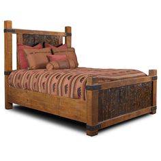 a bed with wooden headboard and foot board, made from wood planks on both sides