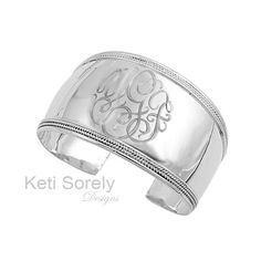 Hand Engraved Monogrammed Initials Cuff Bangle (Order Any Initials) - Sterling Silver Luxury Stamped Bangle Jewelry, Luxury Etched Sterling Silver Bangle, Pretty Script Fonts, Monogrammed Cuff, Silver Cuff Bangle, Engraved Cuff, Silver Monogram, Stacked Bangles, Sterling Silver Bangles