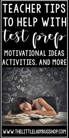 a woman laying on top of an open book with the words teacher tips to help with test