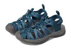 KEEN Whisper - Women's Sandals : Smoke Blue : The KEEN Whisper is a water-friendly sandal that's perfect for adventures anywhere from hidden coves to rushing rivers. Available in a variety of uppers. Washable polyester webbing builds a sporty upper with a quick draw elastic lacing system. Metatomical EVA footbed molds to your foot's shape for personalized comfort. Compression molded low profile EVA midsole. Classic KEEN toe bumper for added foot protection. Women's specific last and fit. Non-marking rubber outsole for steady grip and stability. Imported. Measurements: Weight: 9 oz Product measurements were taken using size 7, width B - Medium. Please note that measurements may vary by size. Quick Draw, Shoe Size Conversion, Shoe Size Chart, Women's Sandals, Product Reviews, Low Profile, Womens Sandals, Shoes Sandals, Size 7