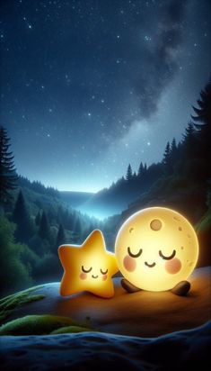 two yellow stars sitting next to each other in the night sky with trees and mountains behind them