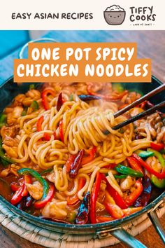 one pot spicy chicken noodles with chopsticks