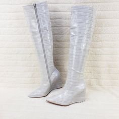 Gorgeous Gray Reptile Texture Knee Boots (Box Says White I Say Gray) Full Side Zipper ) Finished With A Sleek Wedge Heel New In Box Runs True To Size White Synthetic Wedge Heel Boots, White High Heel Wedge Boots For Spring, White Wedge Heel Boots For Spring, Casual White Wedge Boots For Spring, White Platform Boots With Wedge Heel, White Leather High Heel Wedge Boots, White Leather Wedge Heel Boots, Casual White Wedge Heel Boots, White Synthetic Wedge Boots