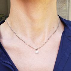 "Initial necklace sterling silver with a delicate paperclip chain, designed as a solo minimalist statement maker. Matching with all day or night styles. Goes perfect on a turtleneck and sweaters ❤. Add a stone or any other pendant it will look beautiful. ♥ General tip: If you are size XS,S, go for 14'' -15'' chain. If you are (S-M), M ,L go with 16''-18\".♥ Name necklace is a perfect gift for: Anniversary Mother's day Graduation Christmas Bridal shower Brides maid Birthday gift (sweet 16) or any Minimalist Paperclip Chain Necklace As Gift, Minimalist Paperclip Chain Necklace For Gift, Minimalist Paperclip Chain Necklace Gift, Sterling Silver Delicate Chain Necklace Paperclip Shape, Sterling Silver Delicate Paperclip Chain Necklace, Personalized Silver Minimalist Chain Necklace, Minimalist Jewelry With Initial Pendant On Paperclip Chain, Minimalist Jewelry With Paperclip Chain And Initial Pendant, Dainty Paperclip Chain Necklace For Gift