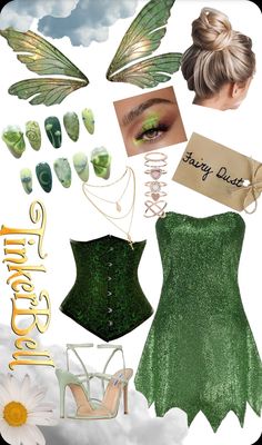 a woman's green dress and accessories in the sky