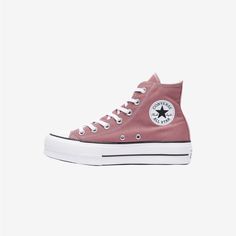 pink converse high top sneakers with white laces