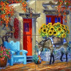 a painting of a donkey standing in front of a house with sunflowers on it