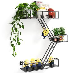 two metal shelves with plants and other items on them