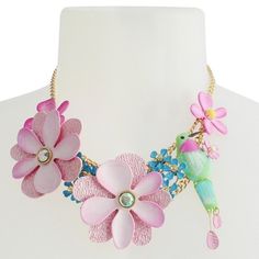 100% Authentic Betsey Johnson Necklace Mixed Soft Pink Flowers With Fabric Detail, Smaller Pink Flowers, Blue Flowers With Small Stone Accent At Center And Charming Green Hummingbird Gold-Tone Metal Metal/Glass/Plastic/Polyurethane Lobster Clasp Closure Approx. 16" + 3" L; 2" Extender Frontal Drop; 3" Hummingbird Drop; 0.5" Depth Spring Party Flower Charm Necklace, Spring Party Flower Necklace With Charm, Spring Flower Necklace For Parties, Spring Party Flower Necklace, Multicolor Flower Charm Necklace For Spring, Spring Party Necklace With Flower Charm, Pink Flower Necklace For Summer Gift, Summer Pink Flower Necklace As A Gift, Feminine Multicolor Spring Jewelry