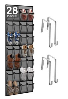 three pairs of shoes are hanging on the wall next to a rack with two hooks