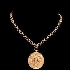 Saint Michael Cable Link Chain Necklace Gold - Whispering Cowgirl Queens Jewels, Chain Necklace Gold, Angelic Realm, Saint Michael, Gold Link Chain, Gold Designs, World Religions, Gold Bracelets, Medallion Necklace