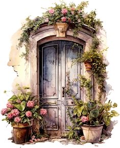 a painting of an old door with potted plants