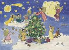 an image of children decorating a christmas tree with angels and other people around it