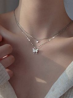 Butterfly Charm Layered Necklace – theshejewelry White Butterfly Necklace, Cute Jwellary Aesthetic, Julery Aesthetic, White Rhinestone Pendant Necklace, Cute Jewelry Silver, 16th Birthday Wishlist, Simplistic Jewelry, Necklaces Aesthetic, Stylish Jewelry Accessories