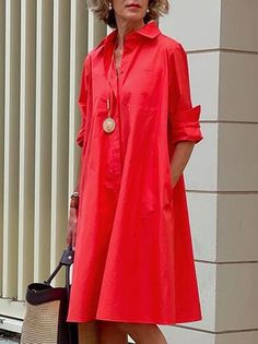 Shirt Dress Long sleeve Plain Simple Dress | stylewe Mode Over 50, Office Party Dress, Loose Shirt Dress, Dress Sleeve Length, Collared Shirt Dress, Casual Long Sleeve Shirts, Shirt Dress Casual, Loose Outfit, Turndown Collar