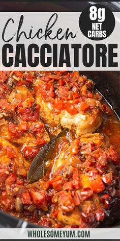 chicken cacciatore in a skillet with text overlay