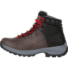 Go from work to trail in the men's Georgia Boot Eagle Trail waterproof work boot. Built with a cement construction, this plain toe waterproof hiker style work boot is incredibly lightweight and flexible with tons of comfort features.This 6-inch work boot features a black and grey full-grain leather upper, dual functioning hardware, and a molded collar for added comfort. It comes with two pairs of shoe laces in red and black.Equipped with the Georgia Waterproof System, this work boot is guarantee Hiker Style, Georgia Boots, Tactical Shoes, Toes Designs, Waterproof Hiking Boots, Hiking Boot, Work Boot, Round Toe Heels, Safety Shoes