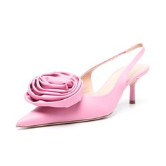 Elevate your style with these pink rose vegan leather pointed toe kitten heel slingback pumps. Chic, cruelty-free design for sophisticated flair, blending comfort and fashion effortlessly. Color: Pink Heel Type: Kitten heel Heel height: 2" / 50 mm approx Product measurements were taken using size 8. Please note that measurements may vary by size. Toe: Pointed toe Big rose trim and slingback design Handcrafted US sizing. Fits true to size. Big Heels, Pink Accessories, Pink Pumps, Leather Floral, Pumps Shoes, Pink Heels, Heels Pumps, Slingback Pump, Bubblegum Pink