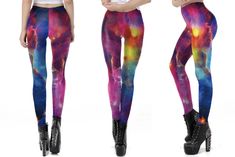 Soar with unexpected style in these galaxy-printed leggings!  Swirling stars and planets decorate these silky-soft black leggings, giving your look a blast of edgy charm. These leggings go well with both dressier and more casual tops, making this a versatile staple that will come in handy season after season.     88% p Soft Black