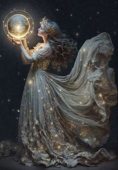 a woman holding a crystal ball in her hand and wearing a white dress with stars on it