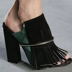 Proenza Schouler Suede Fringe Snake Skin Mule Heels; Size 37, Color Black, Silver Brace And Green Snake Skin Body Under Fringe. Worn Once, No Box, Good Condition, See Photos. Elevate Your Shoe Game With These Stylish Proenza Schouler Heels. The Black Suede Mules Feature A Trendy Snake Skin Design With Playful Fringe Accents. The Block Heel Adds Comfort And Stability, Making Them Perfect For All-Day Wear. These Size 37, Us 7 Heels Are Ideal For Any Fashionable Woman Looking To Add A Touch Of Edge Green Python, Fringe Shoes, Mode Shoes, Black Mules, Design Moda, Heel Mules, Sandal Shoes, Black Fringe, Suede Fringe