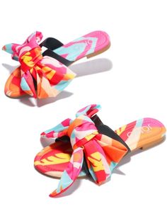 Make heads turn in these super Hot multi colored print and scarf detail sandals. Can be paired with basically anything in your closet. Trendy Multicolor Sandals For Spring, Trendy Summer Flip Flops For Day Out, Casual Summer Party Slides, Casual Party Slides For Summer, Casual Slides For Summer Parties, Trendy Multicolor Slide Sandals, Trendy Multicolor Sandals For Beach Season, Trendy Colorful Spring Sandals, Colorful Spring Sandals