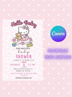 the hello kitty baby shower is displayed on a pink background with white polka dot dots