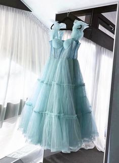 Light Blue Tulle Straps Long Party Dress Outfits For Women Evening Dress Outfits For Girls Prom Dresses Lace Sleeves, Tulle Straps, Hot Prom Dress, Long Party Dress, A Line Prom Dress, Dress Light Blue, Color Rush, Corset Dress Prom, Prom Dresses For Sale