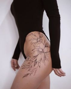 Lily Hip Tattoo, Fine Line Thigh Tattoos Women, Female Hip Tattoos, Mandala Hip Tattoo, Back Of Leg Tattoos, Side Hip Tattoos, Best Leg Tattoos, Floral Thigh Tattoos