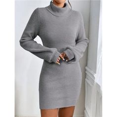 Introducing The Light Grey Sweater Dress, Designed With Elegance In Mind. This Dress Features A High Neckline And Long Bishop Sleeves, Creating A Sophisticated Look. The Natural Waistline And Pencil-Shaped Hem Enhance Its Flattering Short Silhouette. Crafted From Fabric With Slight Stretch, It Offers A Regular Fit That Ensures Both Comfort And Flexibility. Non-Sheer And Stylishly Tailored, This Dress Is Perfect For Adding A Touch Of Refined Chic To Your Wardrobe. Note: Belt Not Included. Gray Turtleneck Sweater Dress, Light Grey Sweater Dress, Cozy Fitted Turtleneck Sweater Dress, Tirtle Neck Sweater Dress, Gray Long Sleeve Ribbed Sweater Dress, Light Grey Sweater, Lantern Sleeve Sweater, Grey Sweater Dress, Turtle Neck Dress