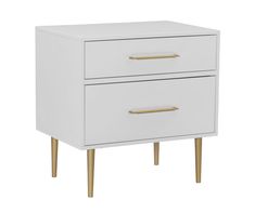 a white and gold nightstand with two drawers on one side, the top drawer is open