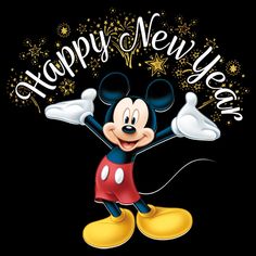 a mickey mouse with the words happy new year written in white on a black background