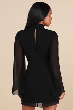 We promise that everyone will be obsessed with the flawlessness of the Lulus Guaranteed Chicness Black Mock Neck Mini Dress! Lightweight woven chiffon shapes this cute and elegant dress that features semi-sheer, bell-style long sleeves with gathering at the shoulders and a classy mock neck (that secures with bottom-loop closures at the back). The figure-skimming, fit-and-flare silhouette falls to a breezy mini hem. Keyhole cutout and hidden zipper/clasp at back. Fit: This garment fits true to si Funeral Dress, Mock Neck Mini Dress, Black Mock Neck, Statement Sleeves, Cutout Dress, Elegant Dress, Bell Sleeve, Hidden Zipper, Mock Neck